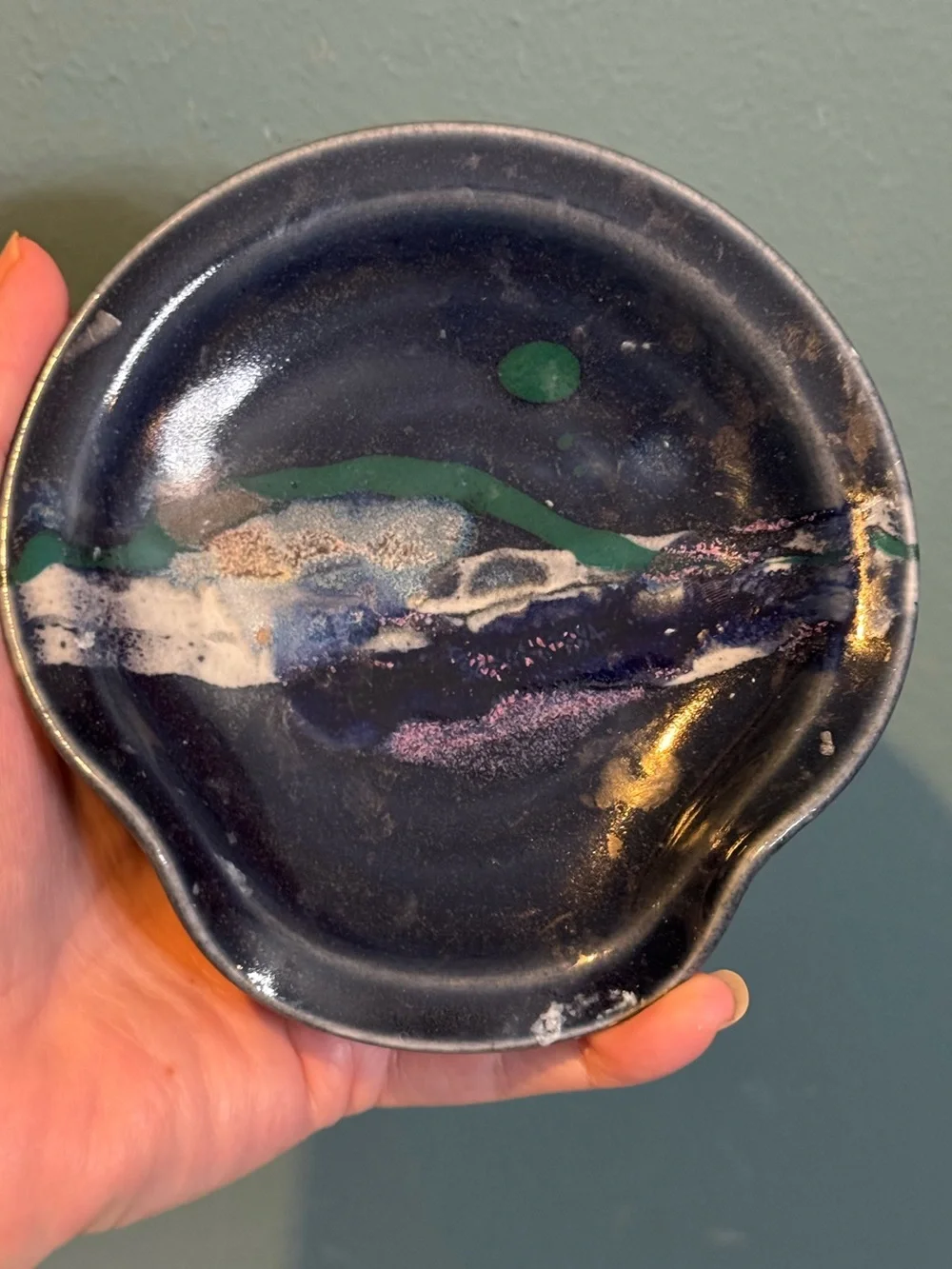 Studio Art Pottery Spoon Rest / Trinket Dish with Drip Glaze in Dark Blue